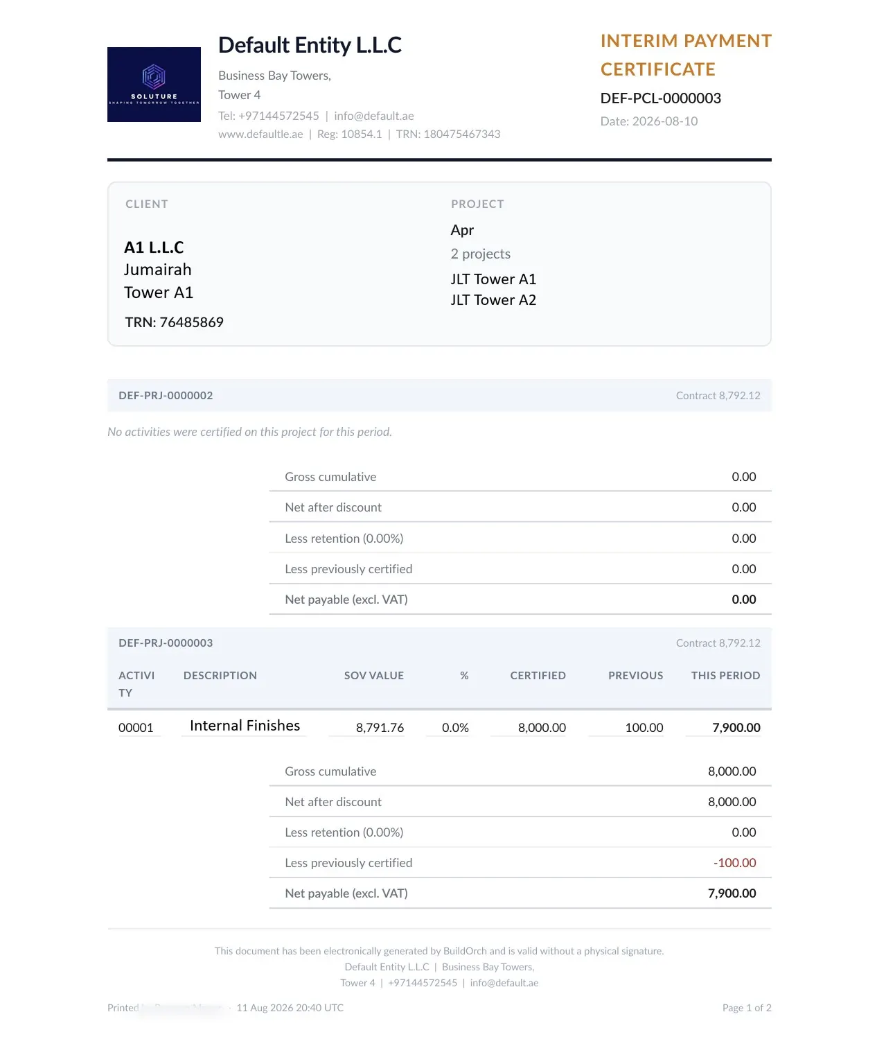 Payment certificate