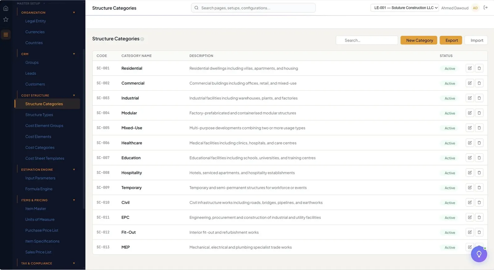 BuildOrch Master Setup — Structure Categories grid with the full master navigation