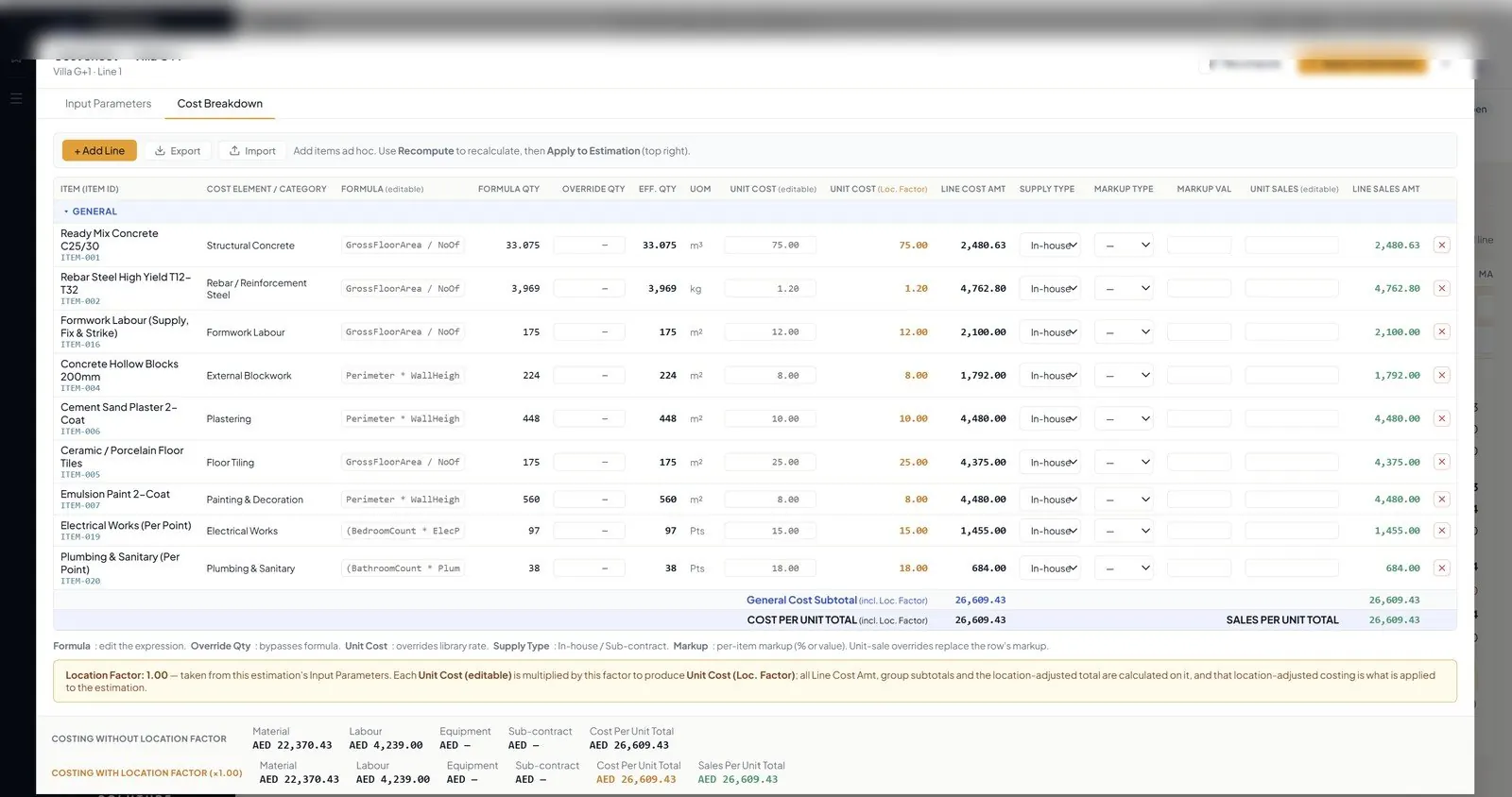 Cost Sheet