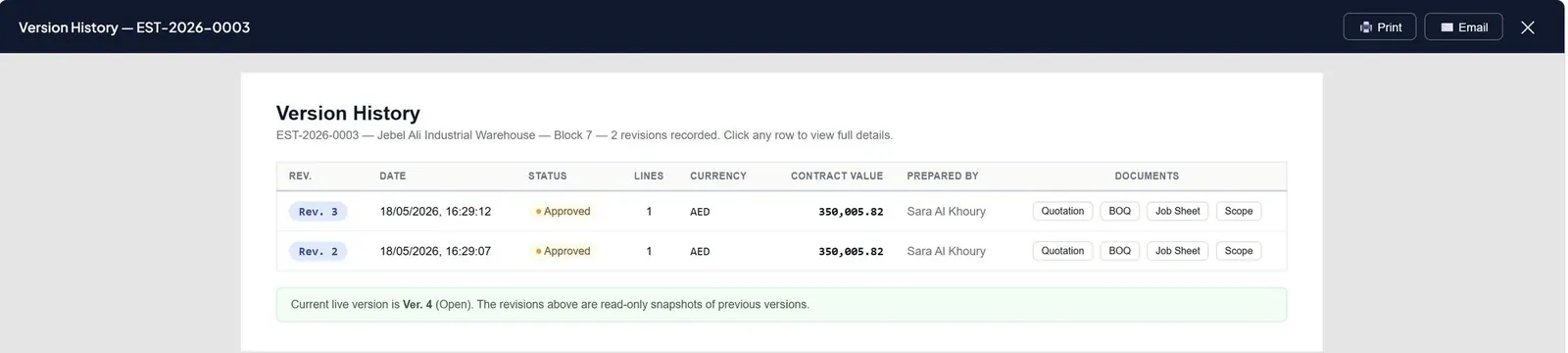 BuildOrch Version History modal — frozen revision snapshots with date, status, currency, contract value, prepared-by, and per-revision document links (Quotation, BOQ, Job Sheet, Scope)