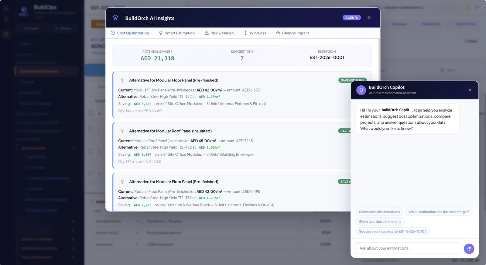 BuildOrch AI Insights — Cost Optimization with material alternatives, plus the BuildOrch Copilot conversational assistant