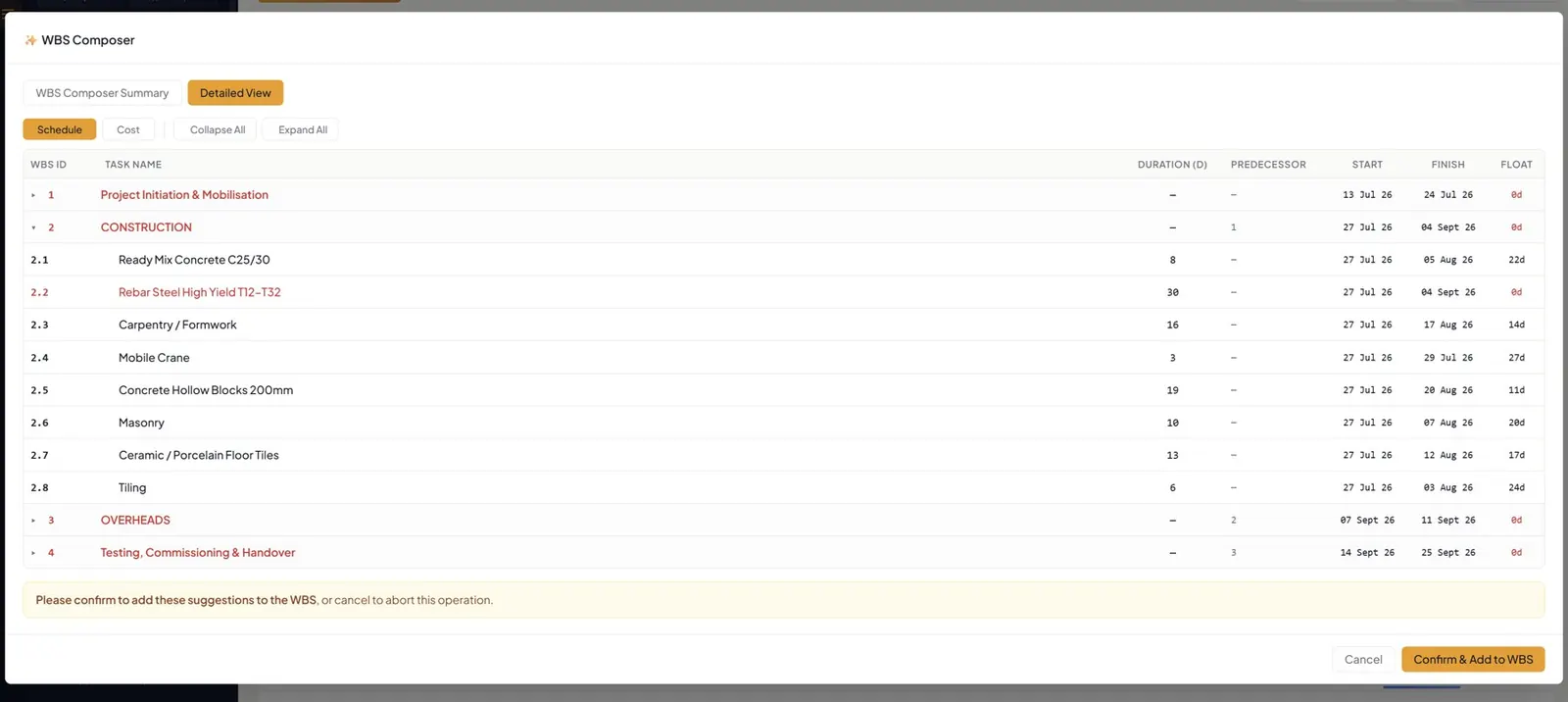 AI WBS Composer — detailed schedule preview