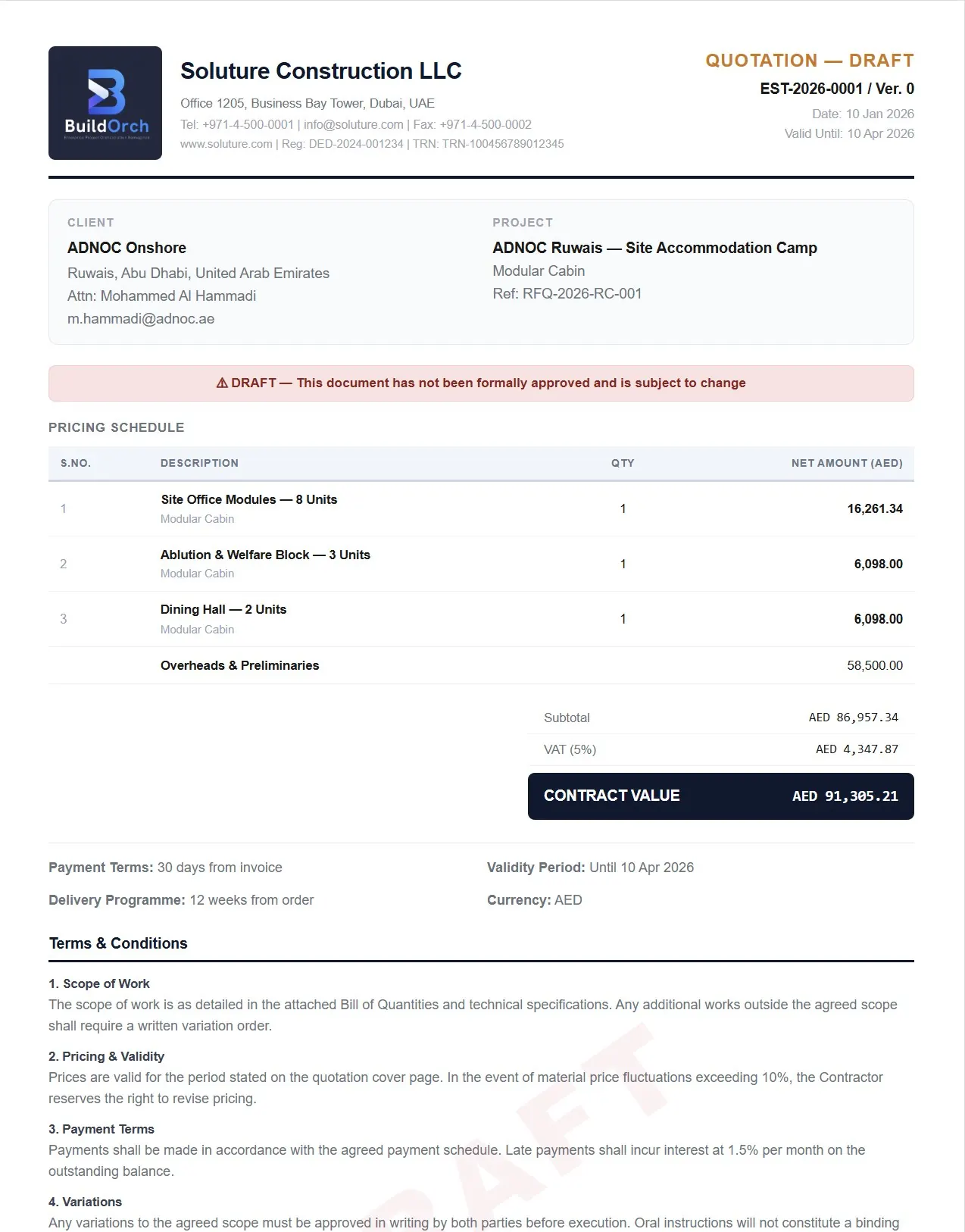BuildOrch Quotation report — branded with Soluture Construction LLC company identity, including header, TRN, draft watermark, pricing schedule, contract value summary, and full terms & conditions